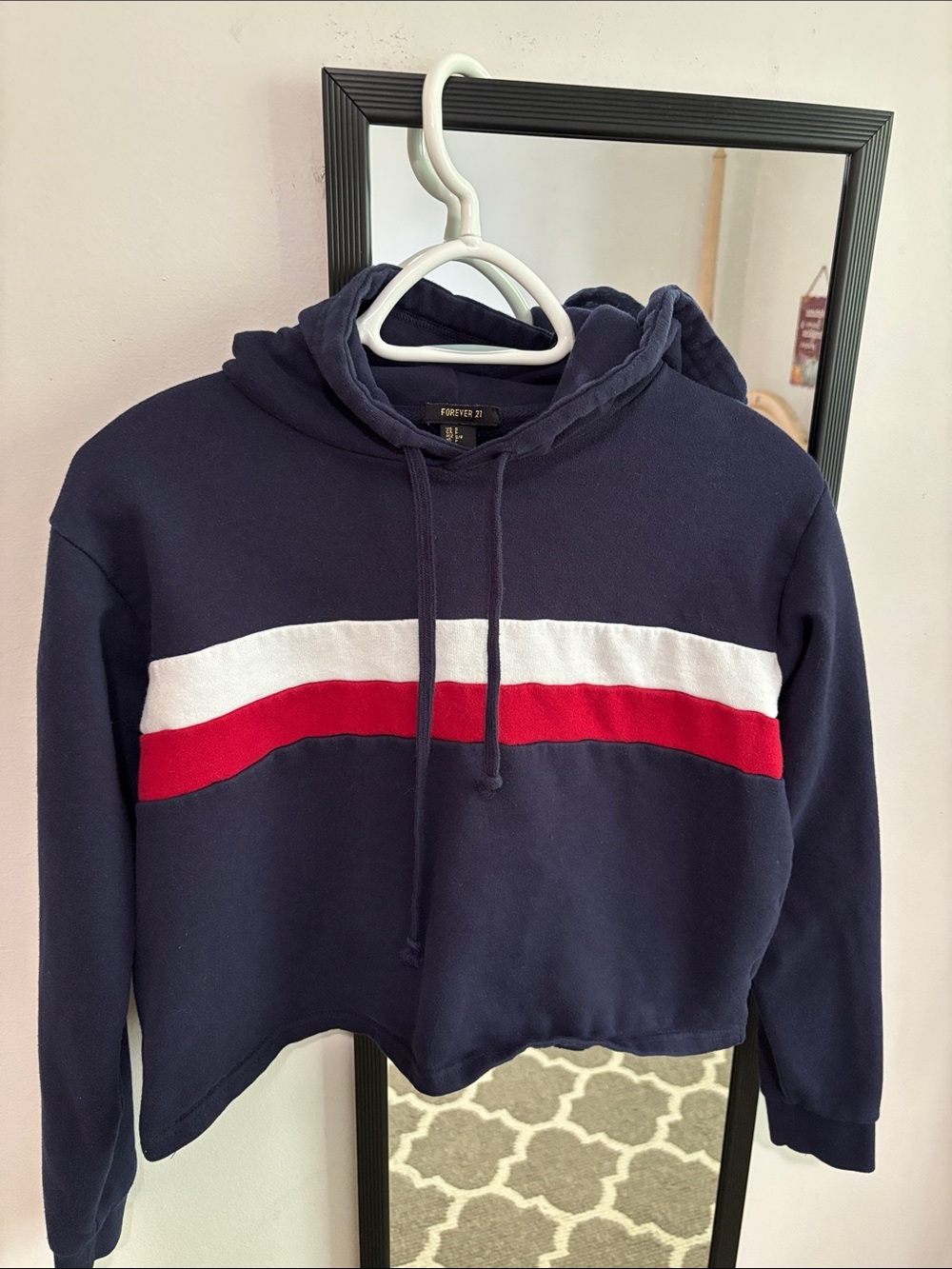 Forever 21 Navy Cropped Sweatshirt with White and Red Stripes